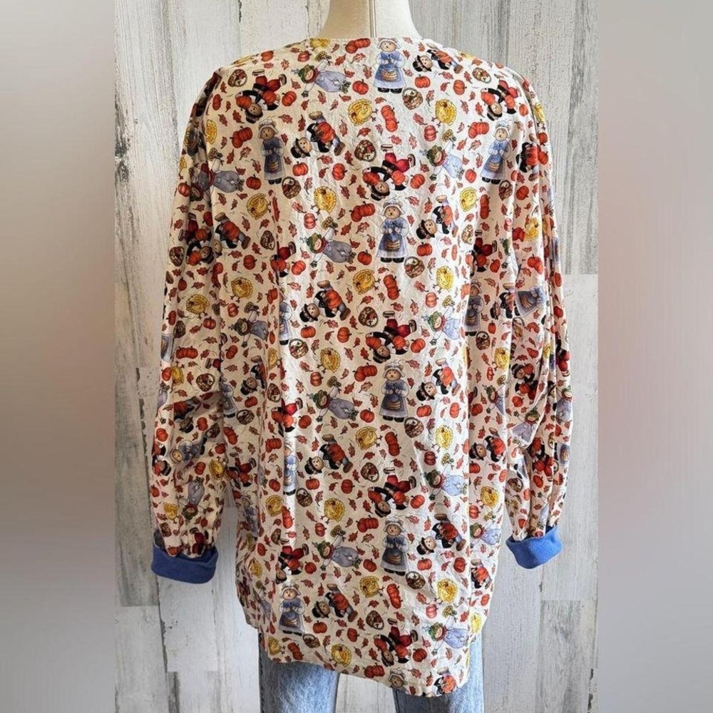 Vintage Handmade lab coat tunic Fall Thanksgiving pilgrims turkey nurse teacher - Picture 2 of 6